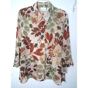 Alfred Dunner Fall Leaves Top Size 16 3/4 Sleeves Front Button‎ Up Sheer Layer